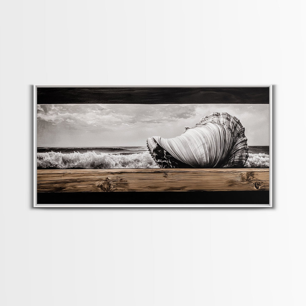 Seashell and Waves, Nautical Art, Coastal Beach Decor, Black and White Seascape, Ocean Home Art, Framed Canvas Print, Elegant Art