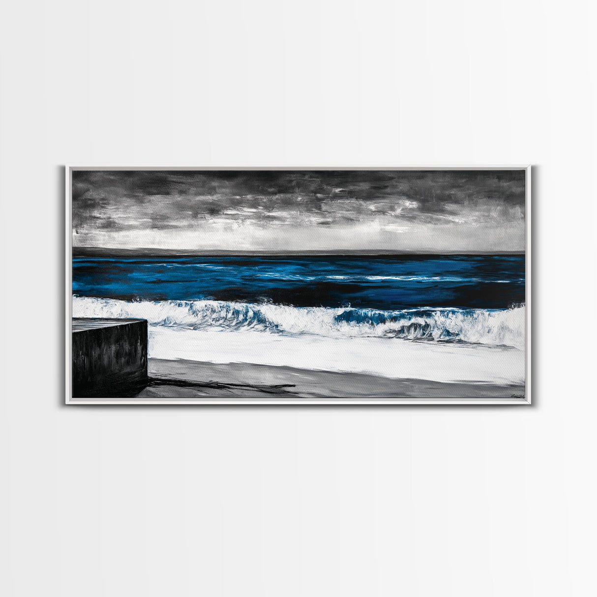 Ocean Waves, Moody, Blue, Coastal, Framed Canvas Print, Seascape Painting, Beach House Decor, Nautical Wall Art, Large Wall Art