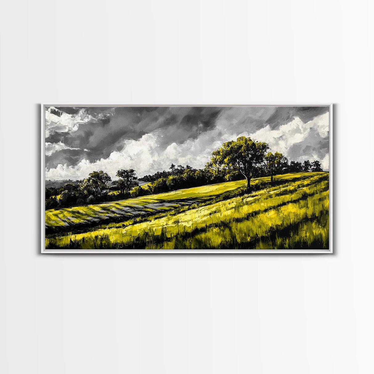 Rolling Hills Landscape, Peaceful Countryside Art, Green Field Painting, Rustic Home Decor, Framed Canvas Print, Serene Wall Accent