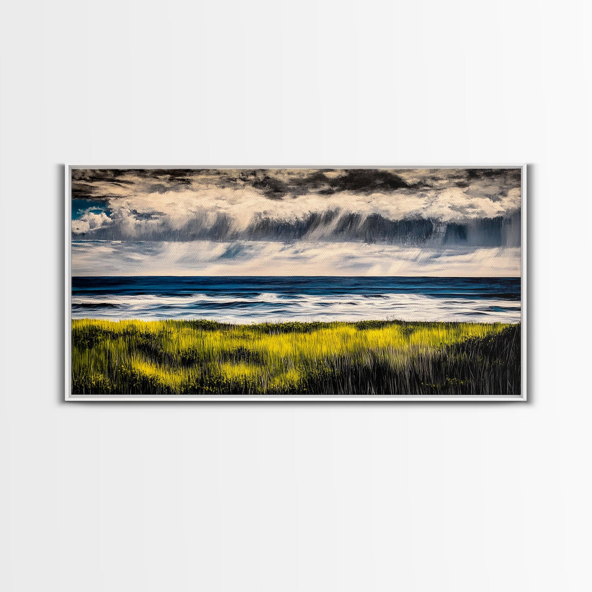 Rain Over Ocean, Blue Seascape, Beach House Decor, Coastal Art, Atmospheric Painting, Nature Inspired, Office Wall Art, Framed Canvas Print