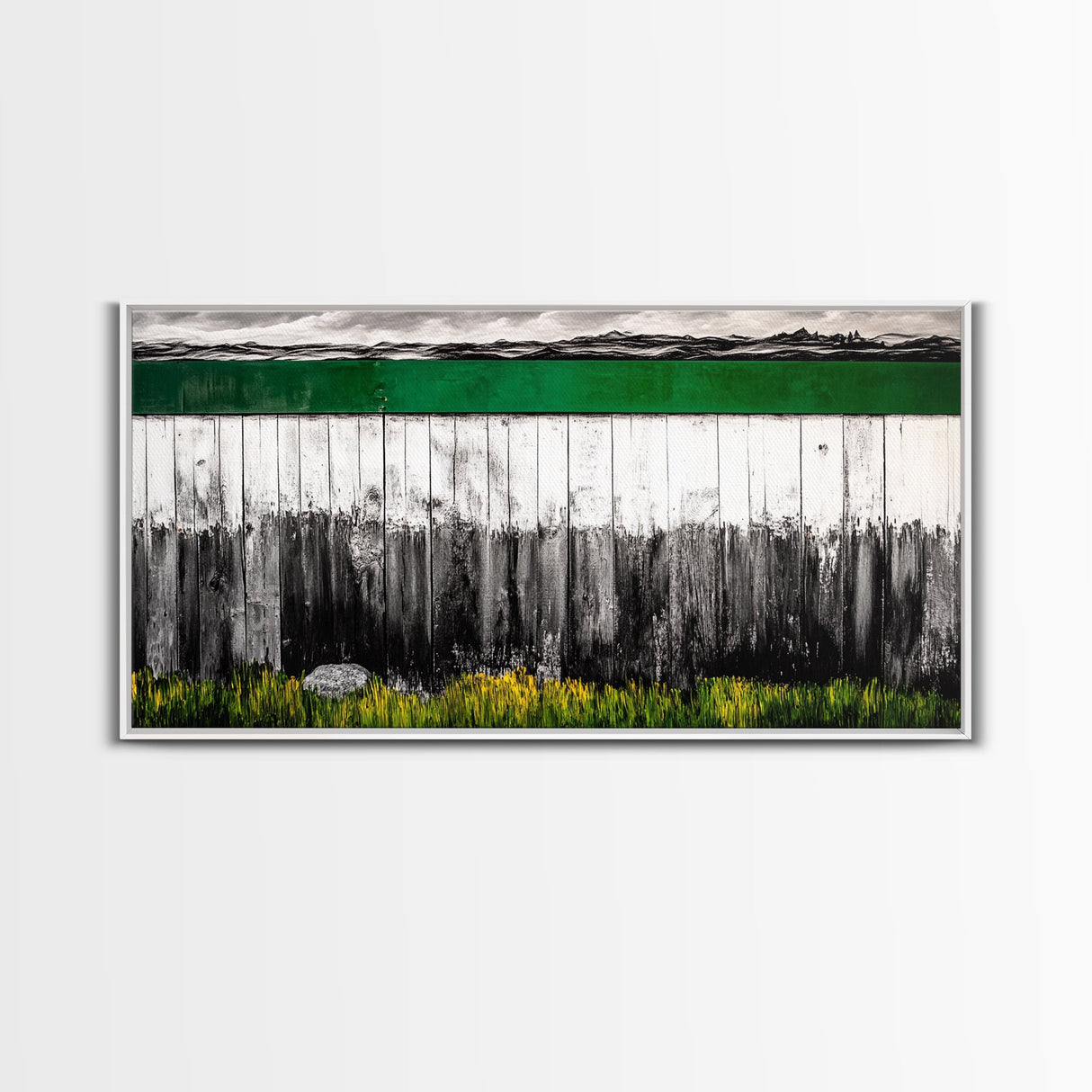 Rustic Fence, Green Landscape, Modern Country Art, Black and White with Color, Nature Inspired, Farmhouse Decor, Serene View, Canvas Print