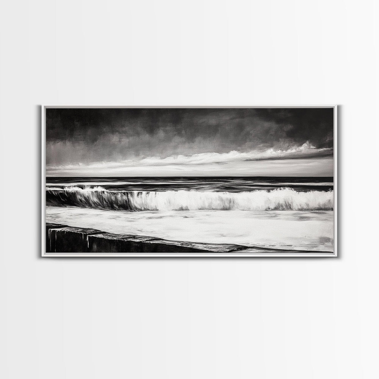 Monochrome Ocean, Rolling Waves, Black and White Beach Art, Framed Canvas Print, Minimalist Seascape, Coastal Wall Decor, Bedroom Art