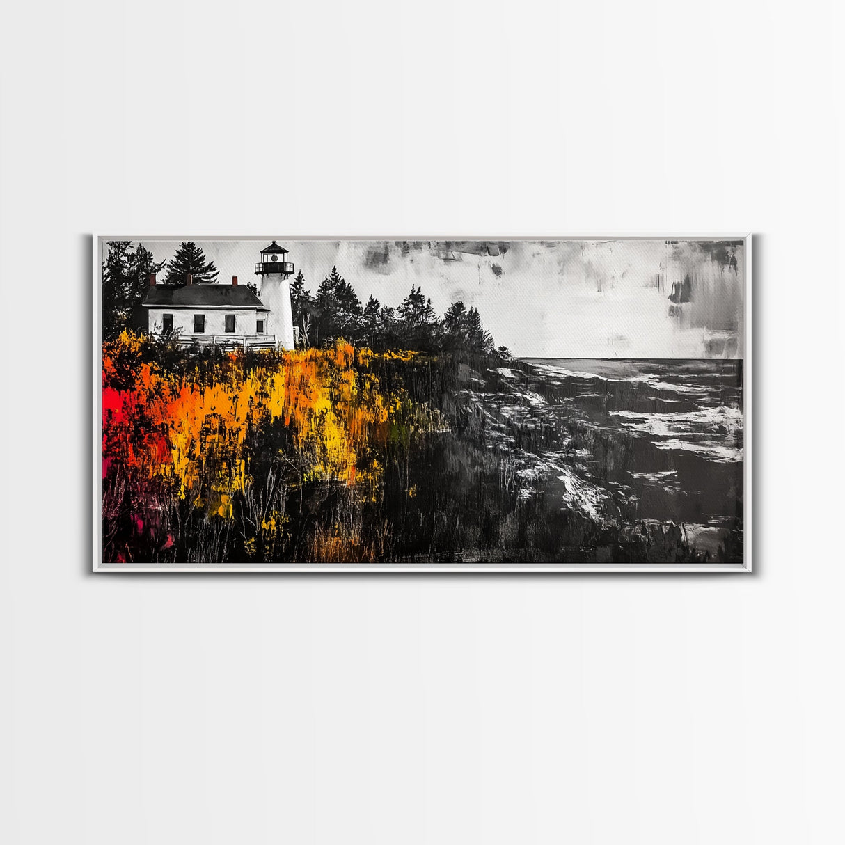Lighthouse Cliff, Ocean Waves, Autumn Colors, Framed Canvas Print, Rustic Home Decor, Beach House Art, Nautical Wall Art, Fall Aesthetic