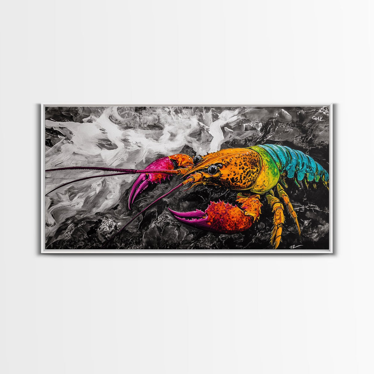 Rainbow Lobster, Colorful Crustacean, Bold Marine Art, Framed Canvas Print, Kitchen Decor, Vibrant Wall Art, Nautical Statement Piece