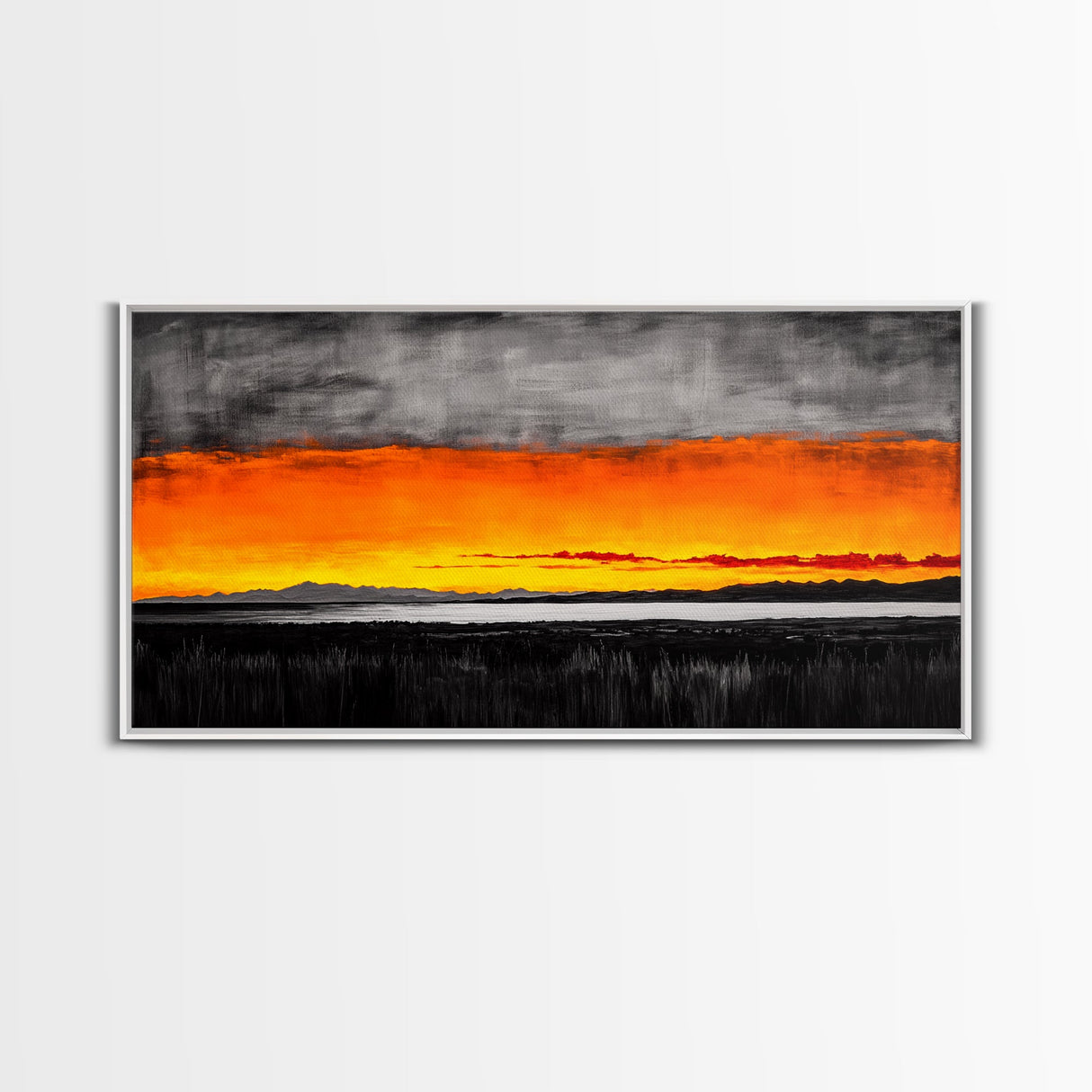 Sunset Glow, Dramatic Sky, Scenic Landscape, Bold Colors, Rustic Nature, Framed Canvas Print, Fall Decor, Living Room Wall Art