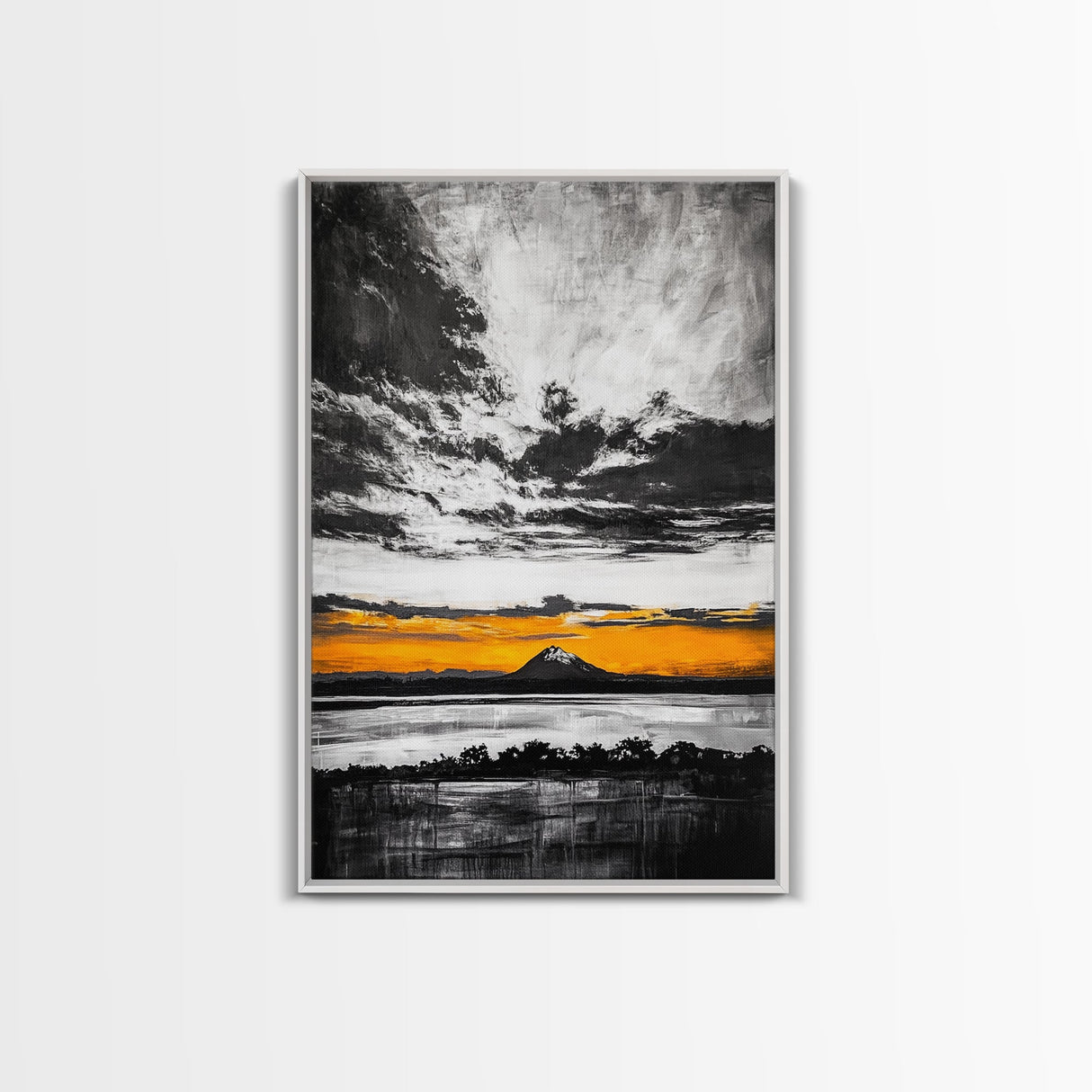 Volcanic Sunset, Black and White, Dramatic Sky, Framed Canvas Print, Moody Wall Art, Modern Landscape, Office Decor, Nature Aesthetic