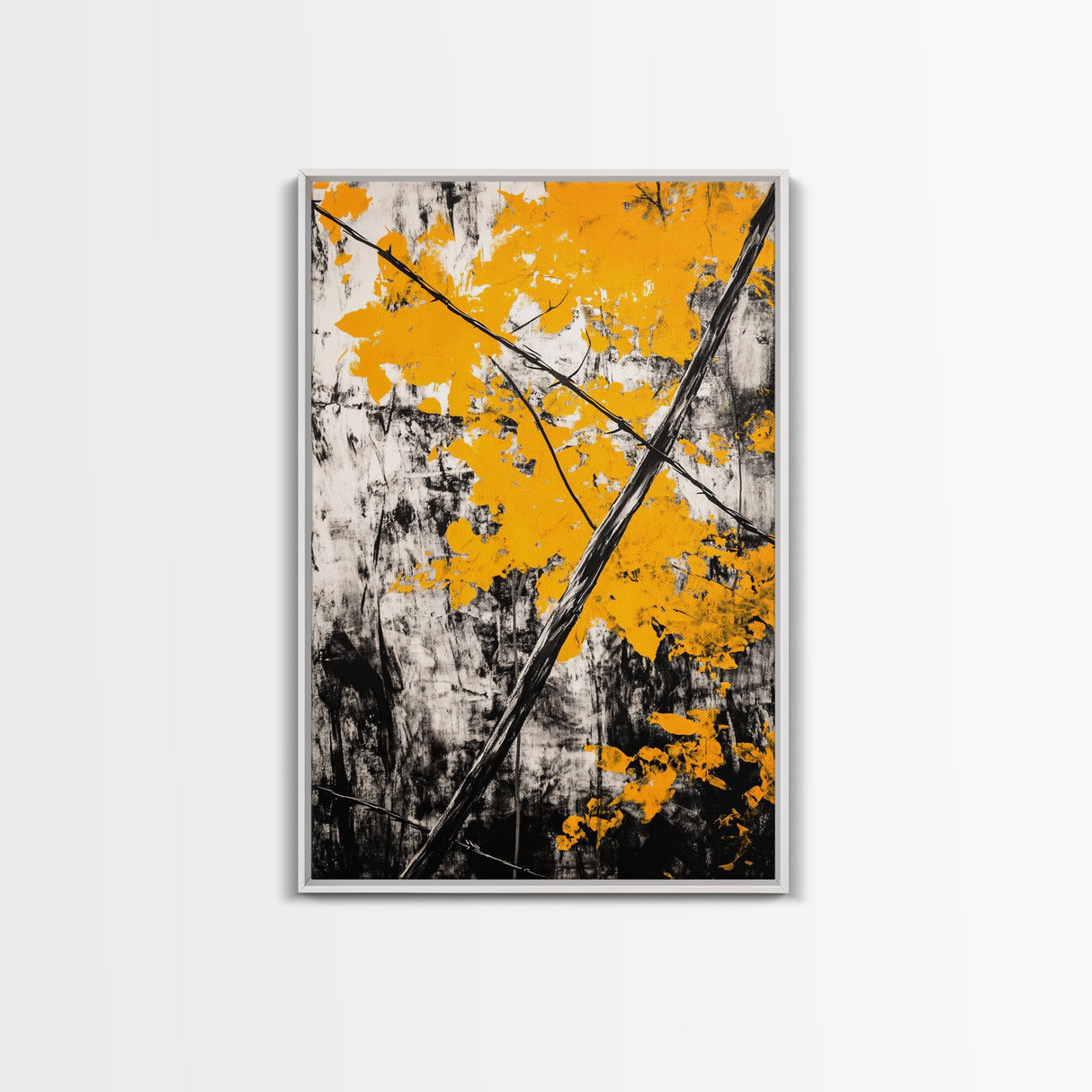 Abstract Autumn Leaves, Black White Orange, Nature Wall Art, Rustic Decor, Minimalist Fall Artwork, Living Room Art, Framed Canvas Print