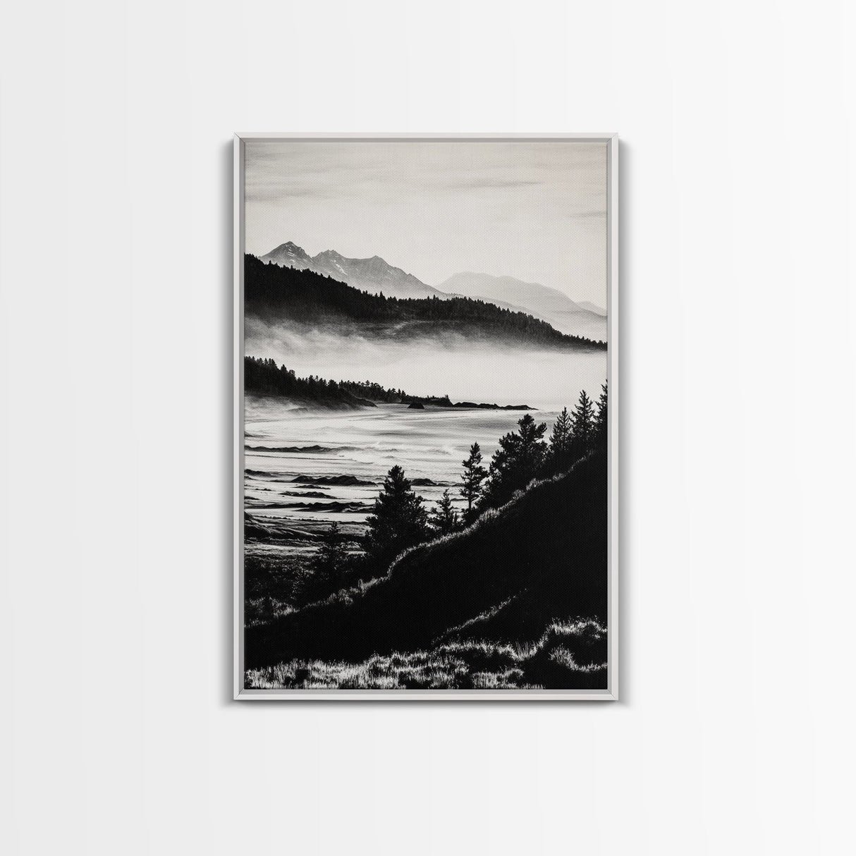 Misty Mountain, Black White Wall Art, Landscape Painting, Nature Artwork, Modern Home Decor, Minimalist Art, Framed Canvas Print