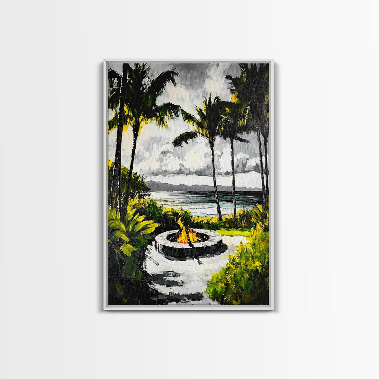 Palm Trees, Fire Pit, Coastal Escape, Beach House Decor, Black and White Art, Tropical Landscape, Canvas Print, Relaxing Wall Art