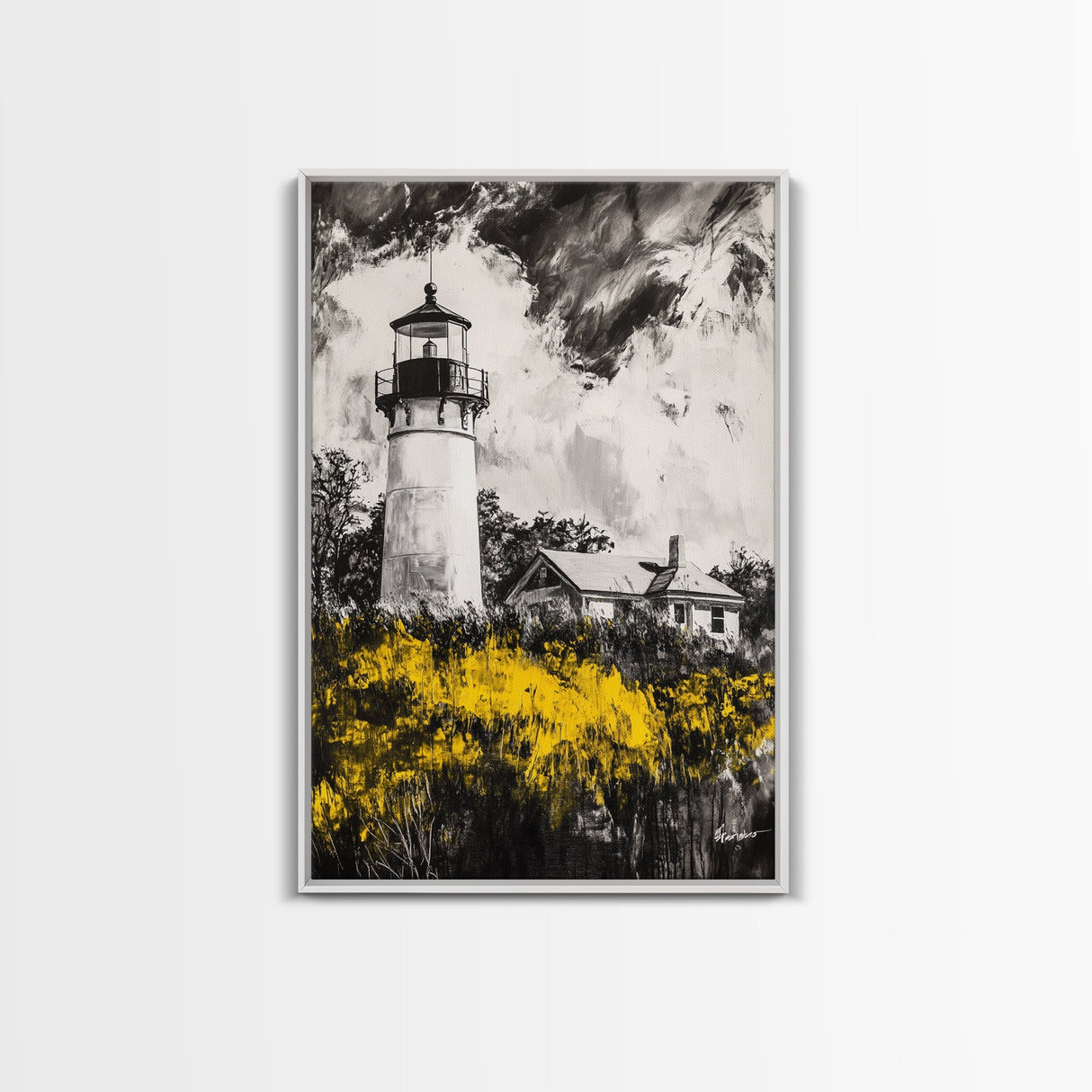 Lighthouse, Coastal Landscape, Nautical Home Art, Black and White Wall Art, Cape Cod Decor, Modern Rustic, Framed Canvas Print, Gift Idea