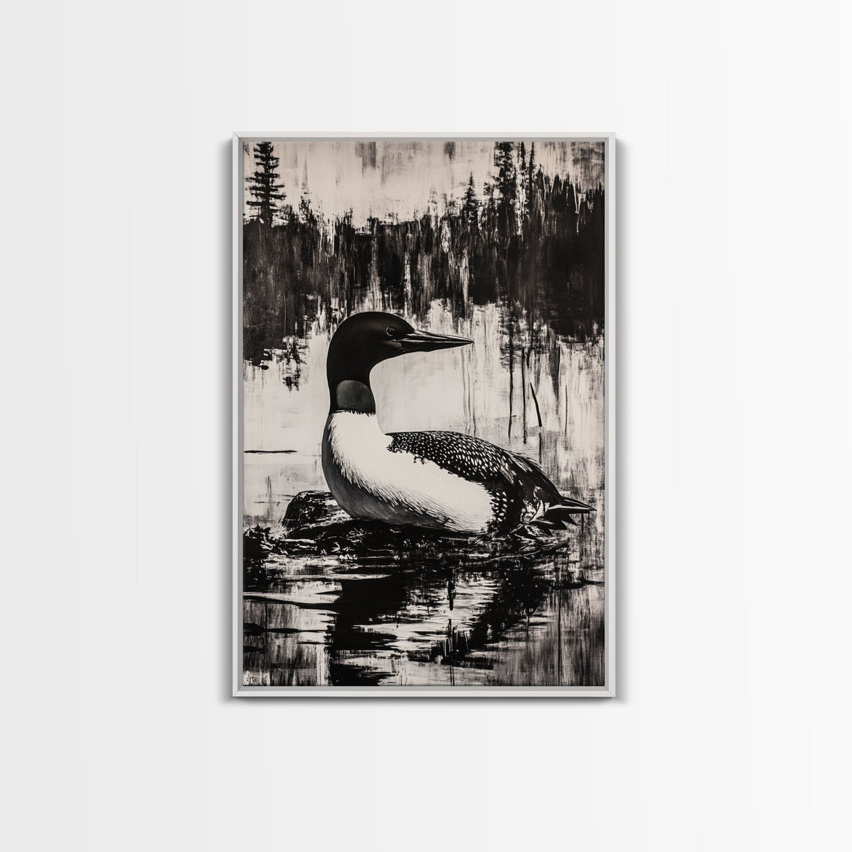 Loon, Lake Reflection, Nature Wall Art, Framed Canvas Print, Black and White Art, Minimalist Decor, Cabin Wall Art, Rustic Home