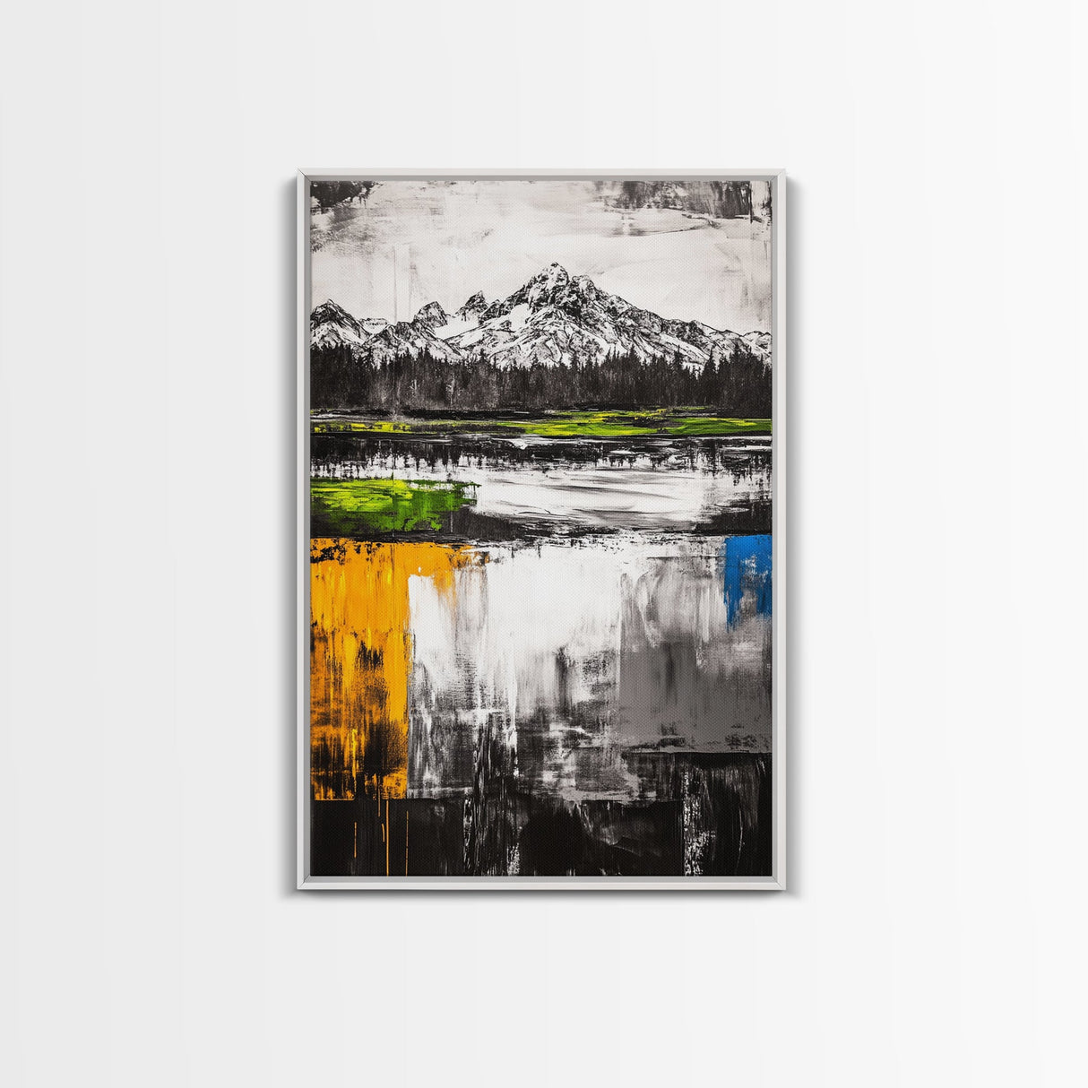 Abstract Landscape, Mountain Scene, Framed Canvas Print, Green Nature Art, Modern Decor, Minimalist Art, Living Room Wall Decor