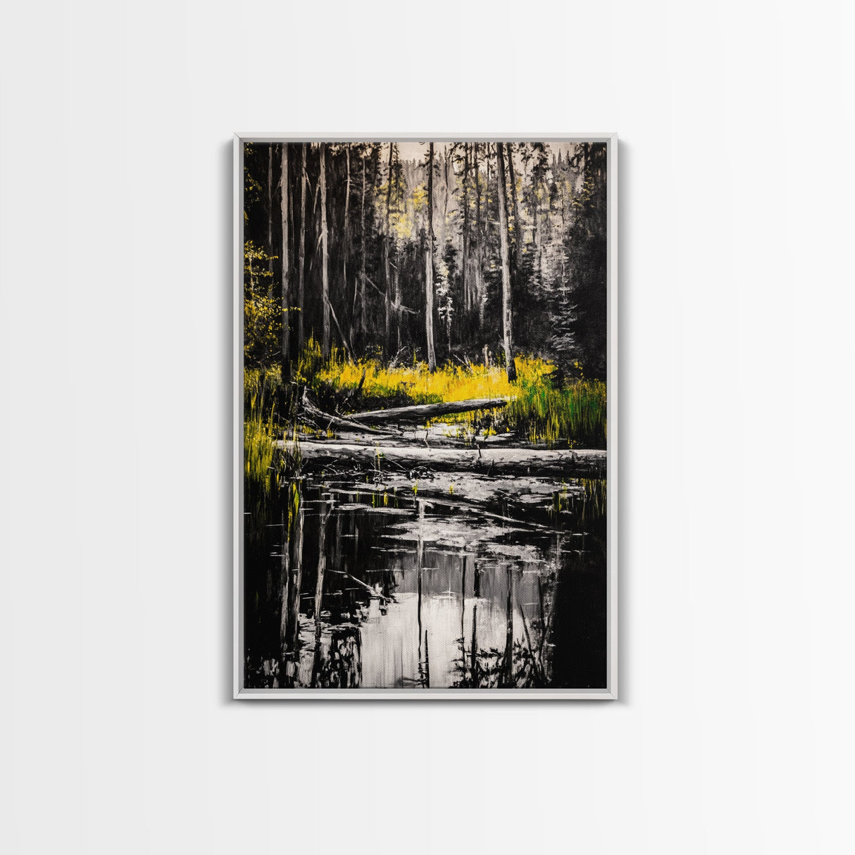 Forest Reflection, Black and White Landscape, Rustic Home Art, Nature Inspired Painting, Cabin Wall Decor, Framed Canvas Print