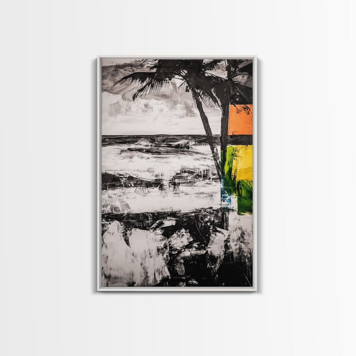 Palm Tree, Coastal Abstract, Beach Landscape, Framed Canvas Print, Tropical Wall Art, Black and White Painting, Modern Home Decor