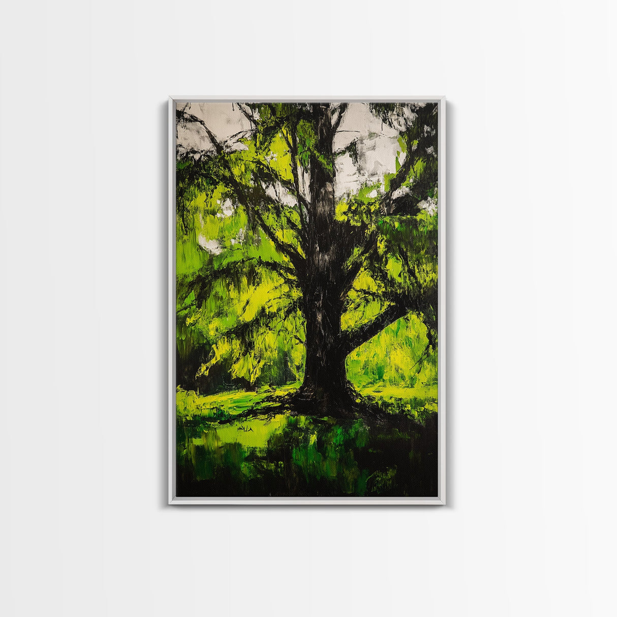 Majestic Tree, Forest Green, Nature Inspired, Framed Canvas Print, Botanical Wall Art, Office Wall Decor, Boho Landscape