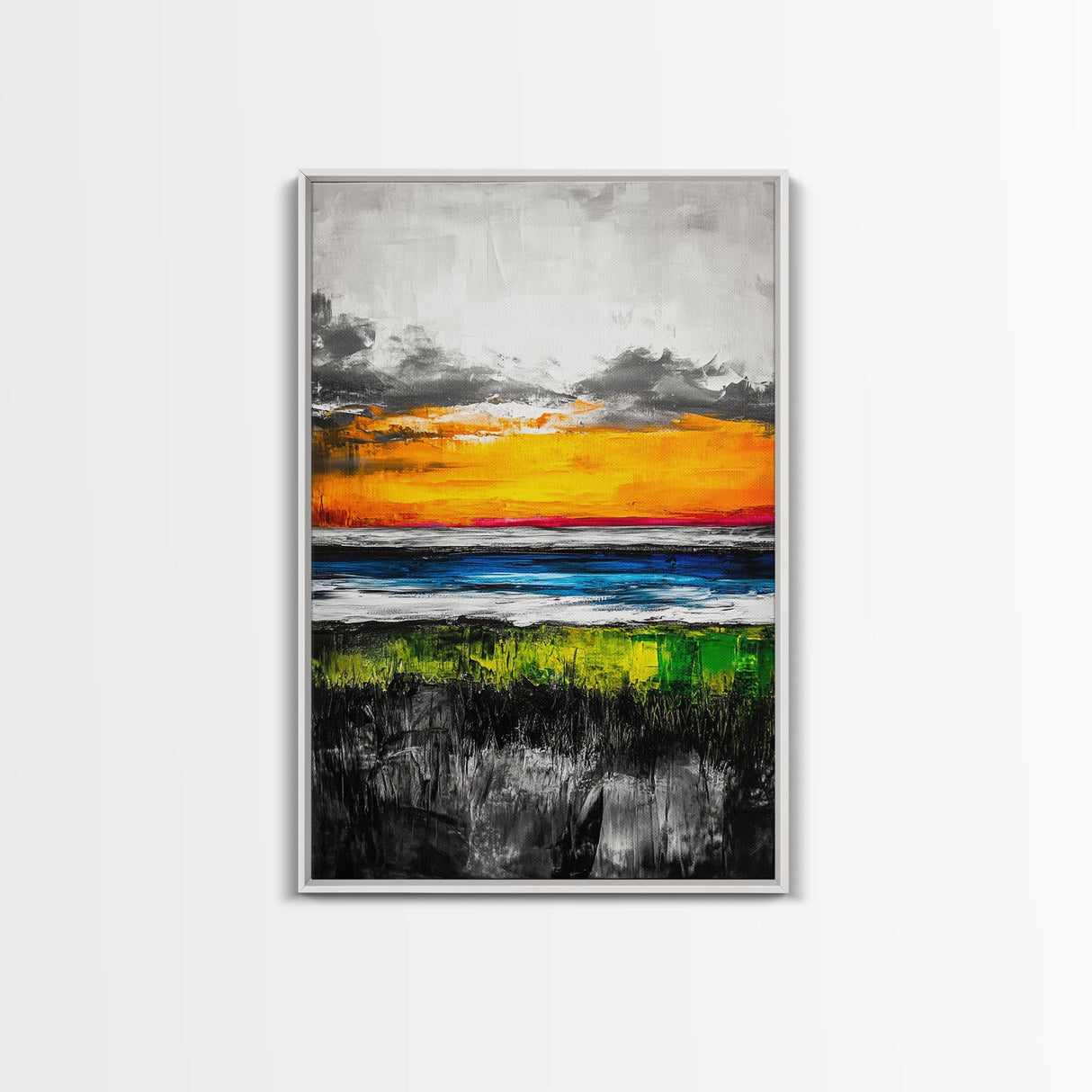 Vibrant Sunset, Ocean Horizon, Dramatic Sky, Framed Canvas Print, Coastal Home Decor, Living Room Wall Art, Abstract Art