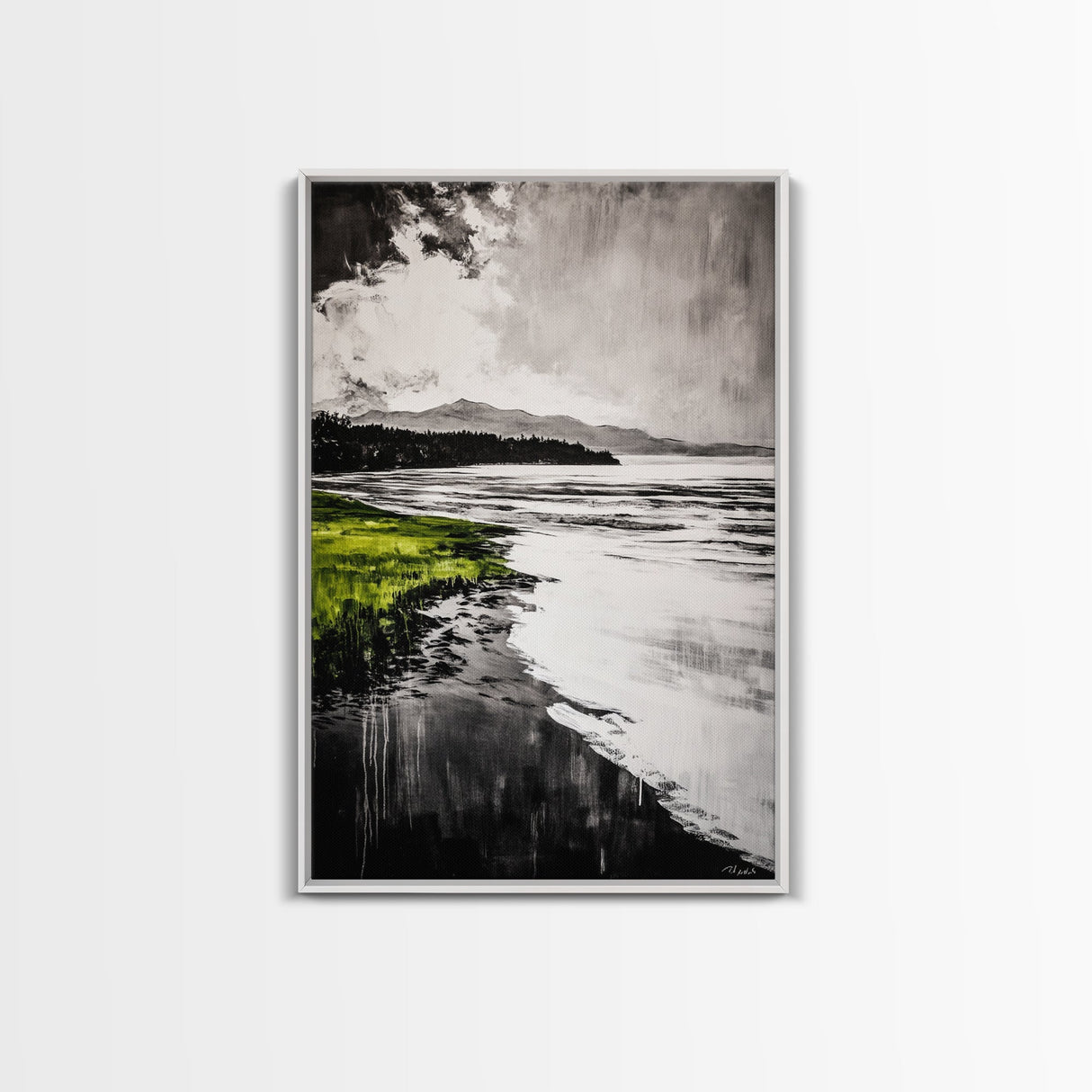 Moody Lake Scene, Black White Green, Framed Canvas Print, Nature Landscape Painting, Serene Wall Art, Contemporary Home Decor