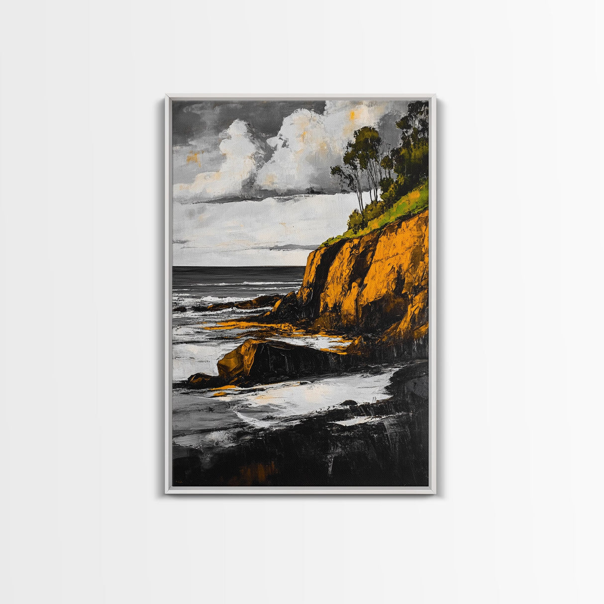 Ocean Cliffs, Coastal Landscape, Golden Tones, Black and White Seascape, Framed Canvas Print, Beach House Wall Art, Office Wall Decor