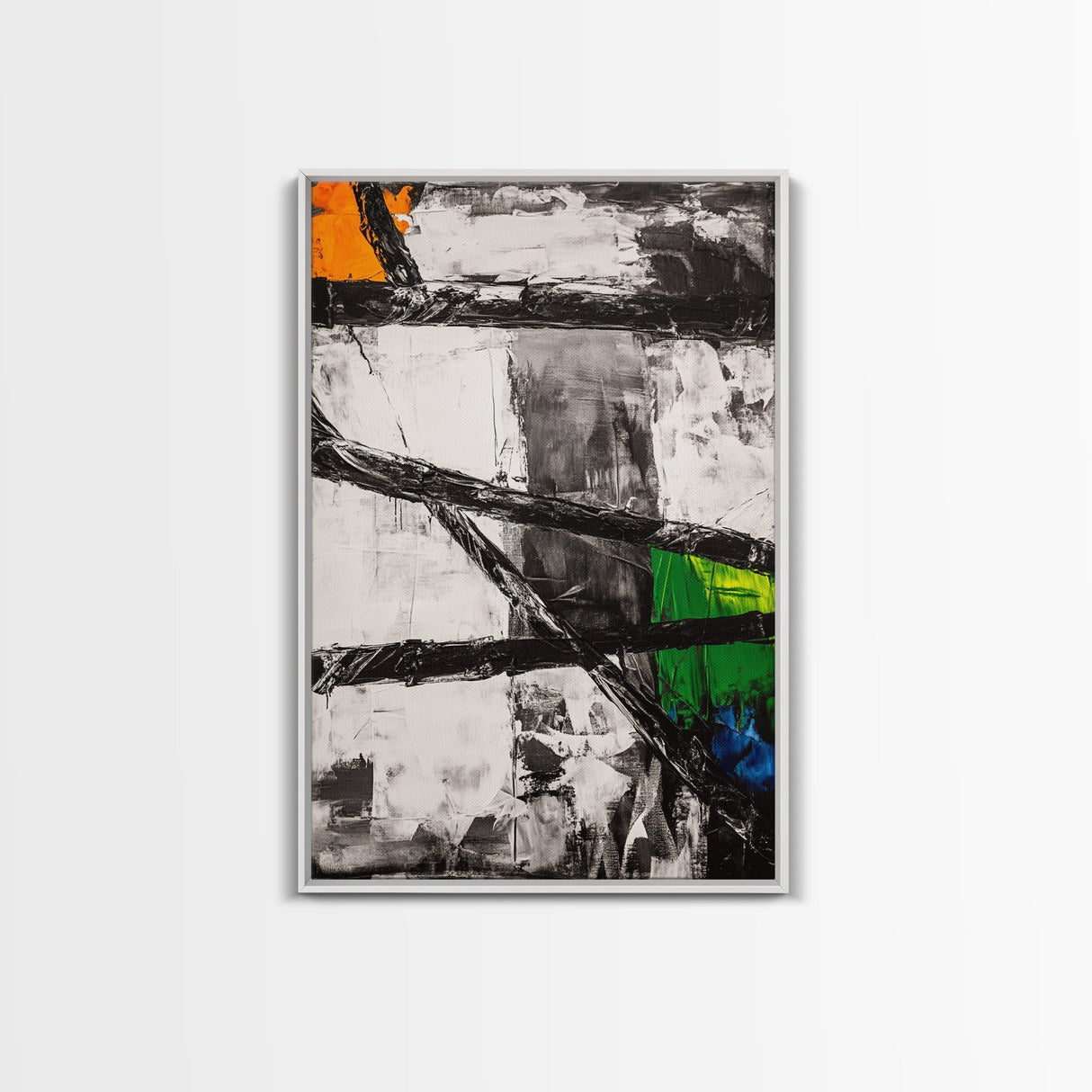 Geometric Abstract, Black and White with Green and Yellow Accents, Modern Minimalist Wall Art, Framed Canvas Print, Office or Loft Decor