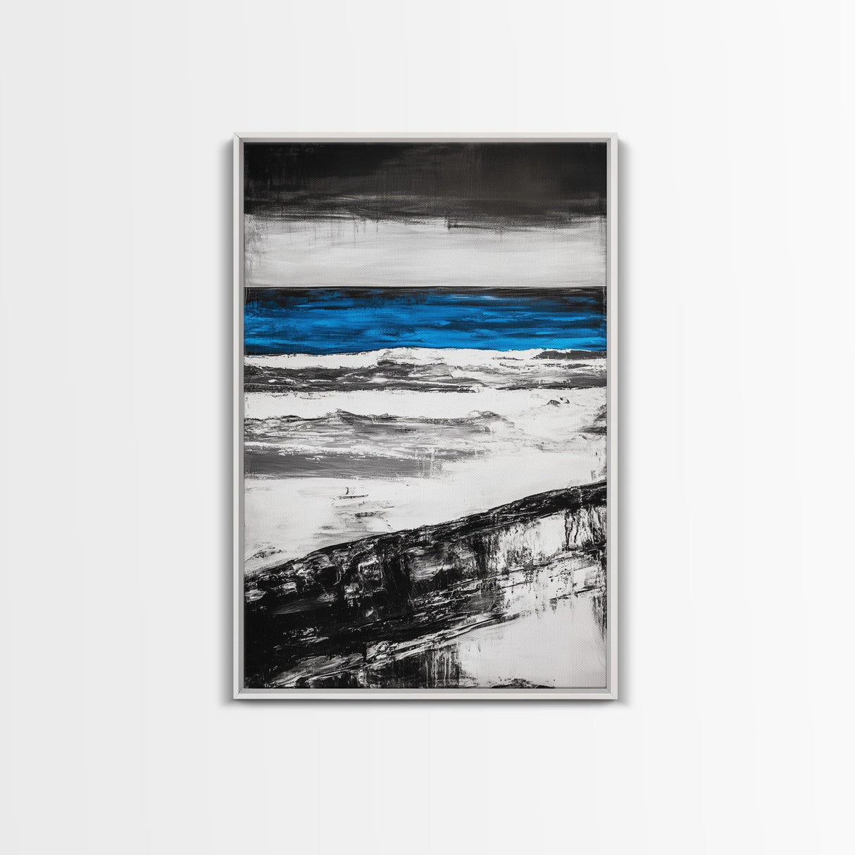 Ocean Horizon, Minimalist Seascape Painting, Black White and Blue Coastal Art, Framed Canvas Print, Modern Living Room or Office Wall Decor
