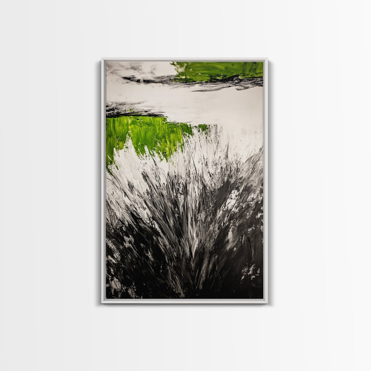 Wild Grass, Black and White with Green Accents, Abstract Nature Painting, Framed Canvas Print, Rustic Farmhouse or Living Room Decor