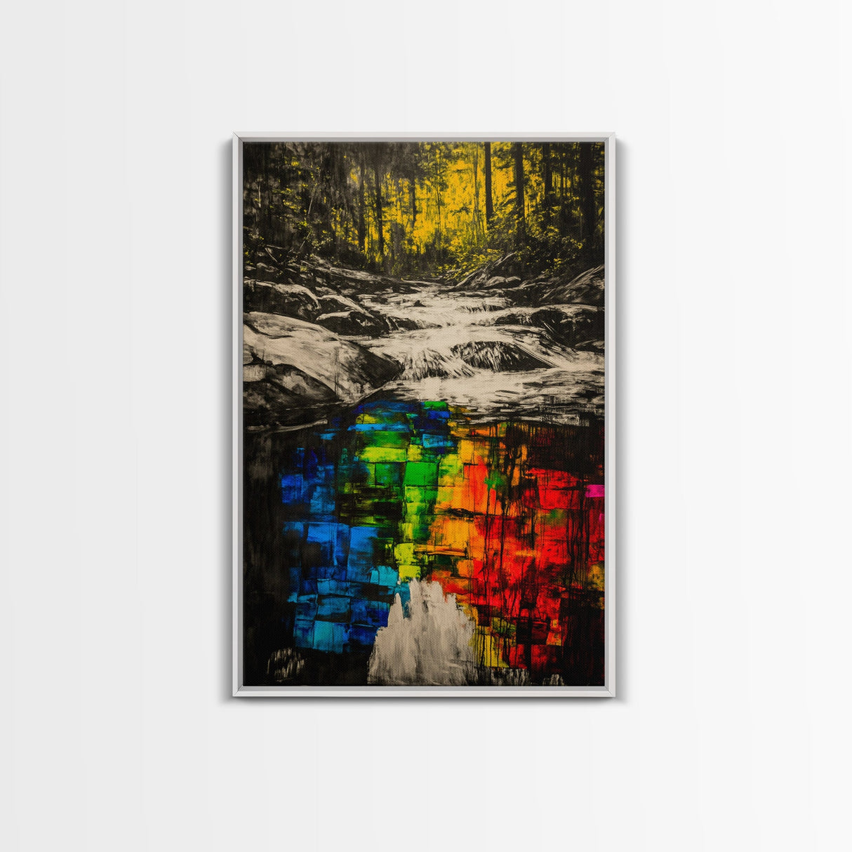 Forest Reflection, Black and White with Vibrant Colors, Abstract Waterfall Painting, Framed Canvas Print, Nature Lover’s Wall Art