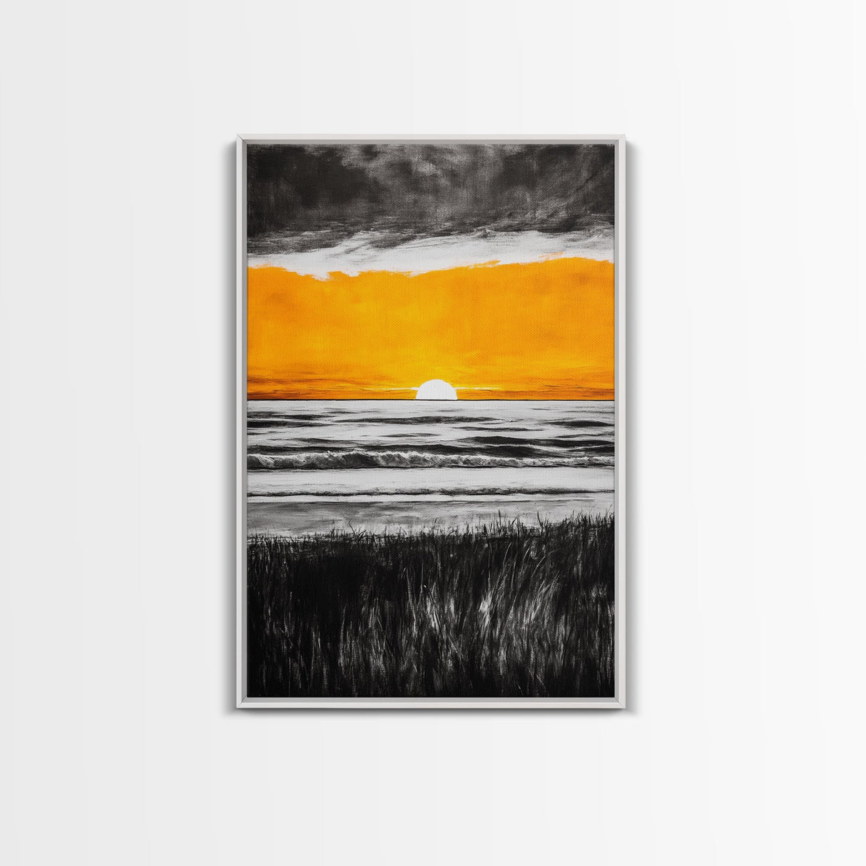 Fiery Sunset, Dramatic Sky, Ocean Scene, Framed Canvas Print, Fall Wall Art, Large Beach Painting, Contemporary Art, Sunset Horizon