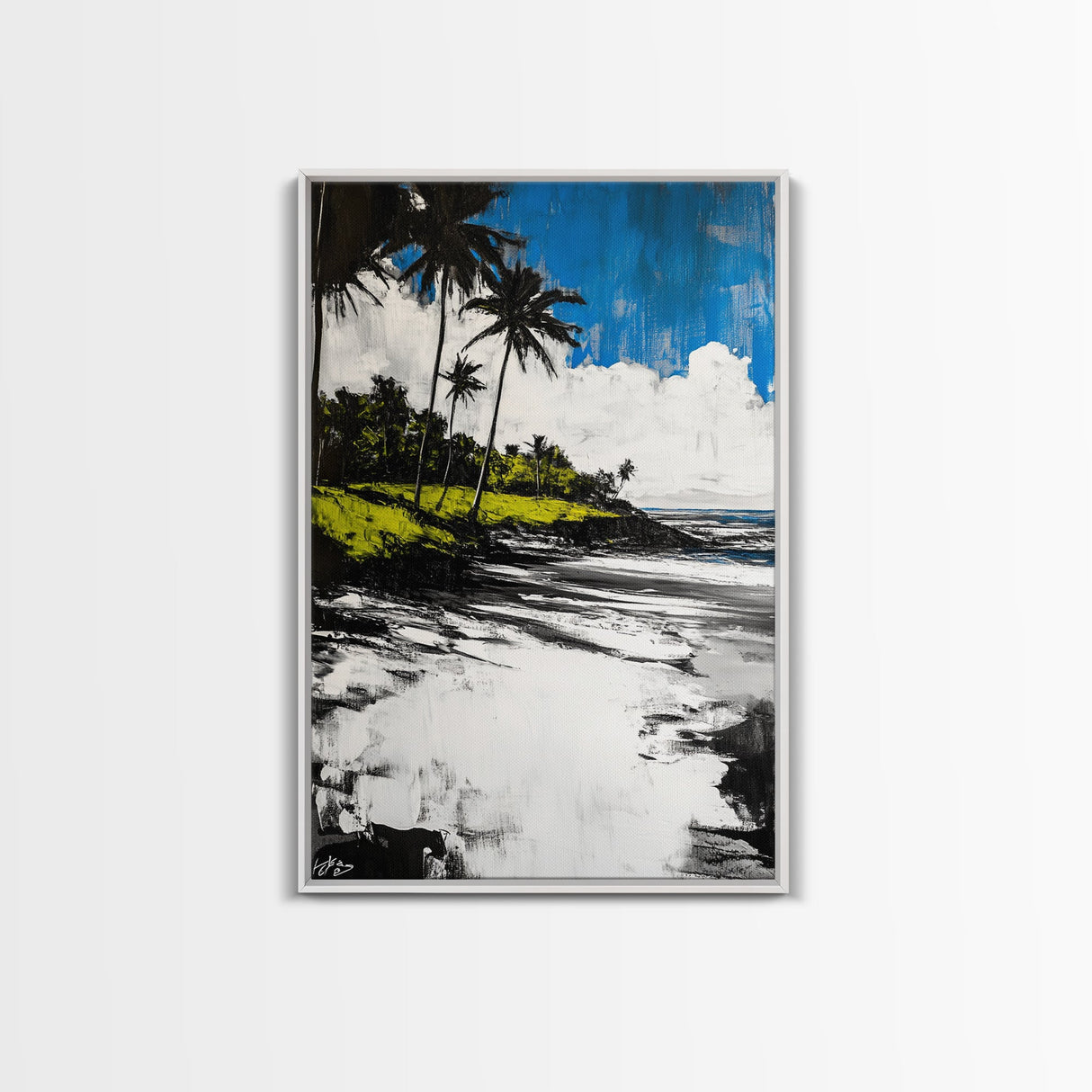 Tropical Beach, Palm Tree Art, Coastal Wall Decor, Canvas Print, Modern Seaside Artwork, Blue and Green Painting, Living Room Statement