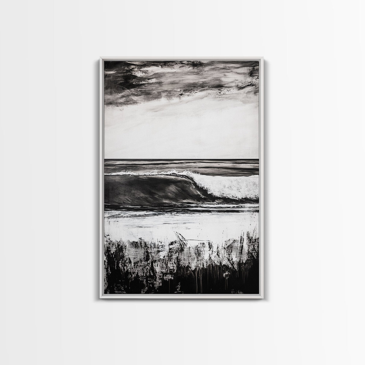 Black White Waves, Ocean Wall Art, Minimalist Coastal, Framed Canvas Print, Beach House Decor, Monochrome Seascape, Surfer Gift