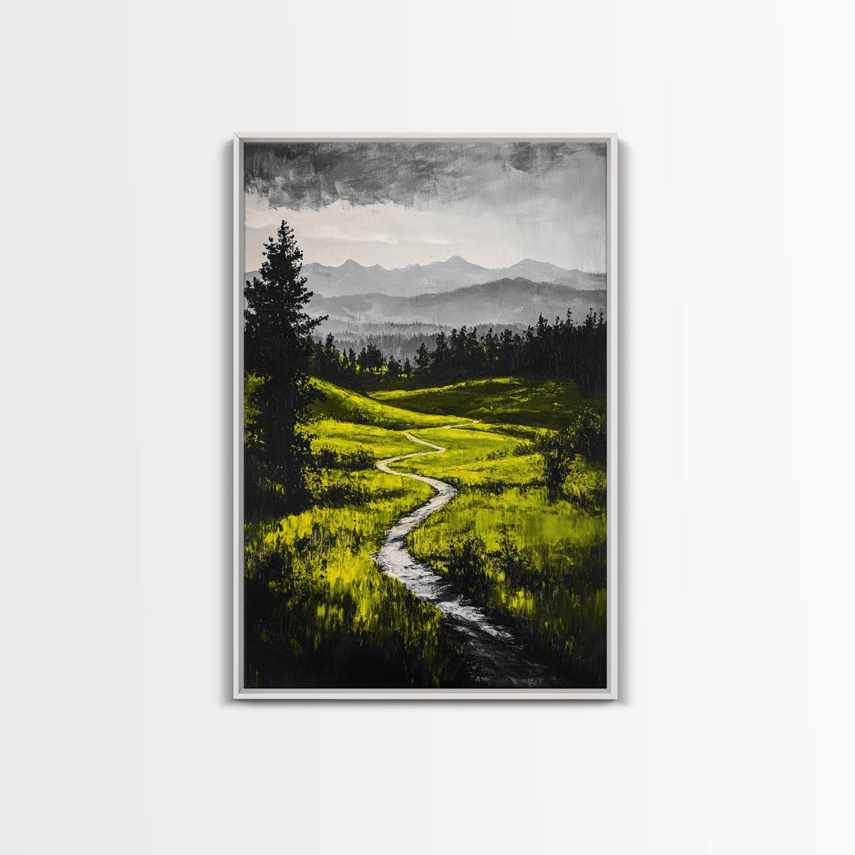 Winding Path, Mountain Meadow, Nature Landscape, Rustic Wall Art, Framed Canvas Print, Farmhouse Decor, Green Hills, Relaxing Art