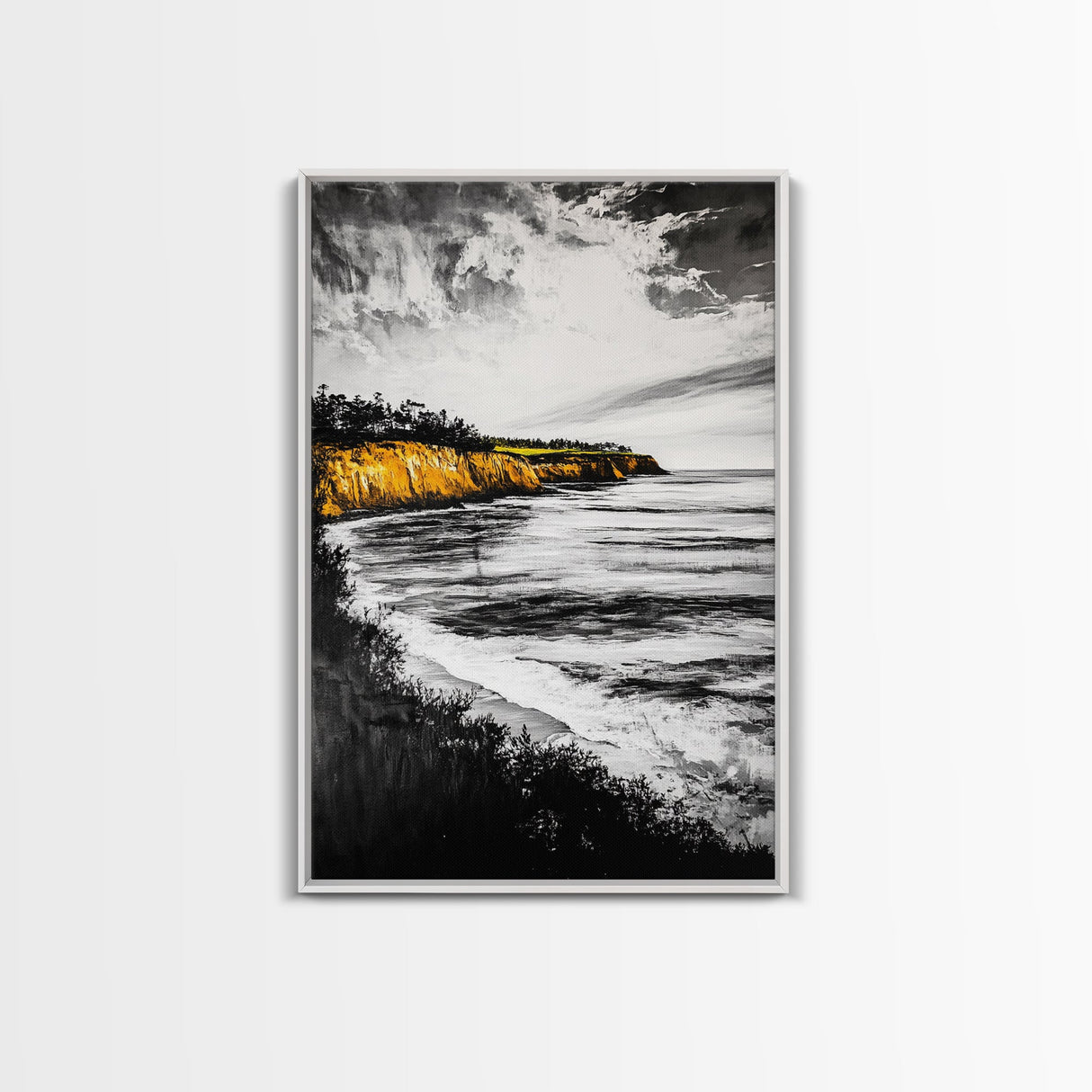 Golden Cliffs, Ocean Landscape, Beach House Wall Art, Canvas Print, Coastal Scene, Black and White Painting, Sunset Inspired Decor