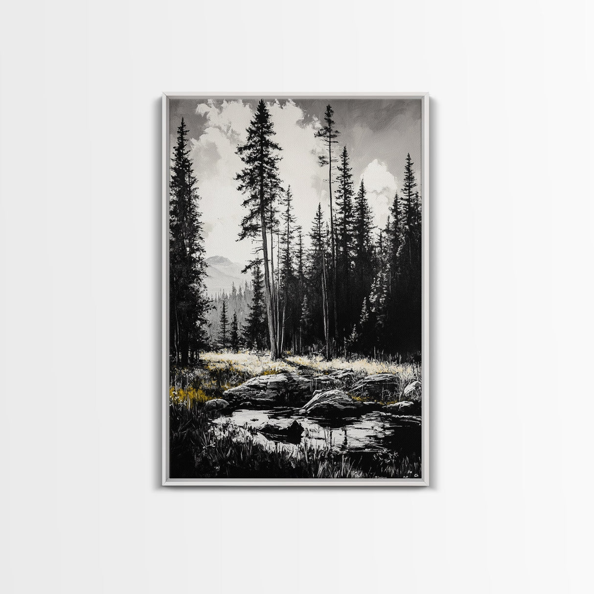 Forest Landscape Print, Black and White Tree Art, Cabin Wall Decor, Nature Inspired Art, Minimalist Scene, Framed Canvas Print