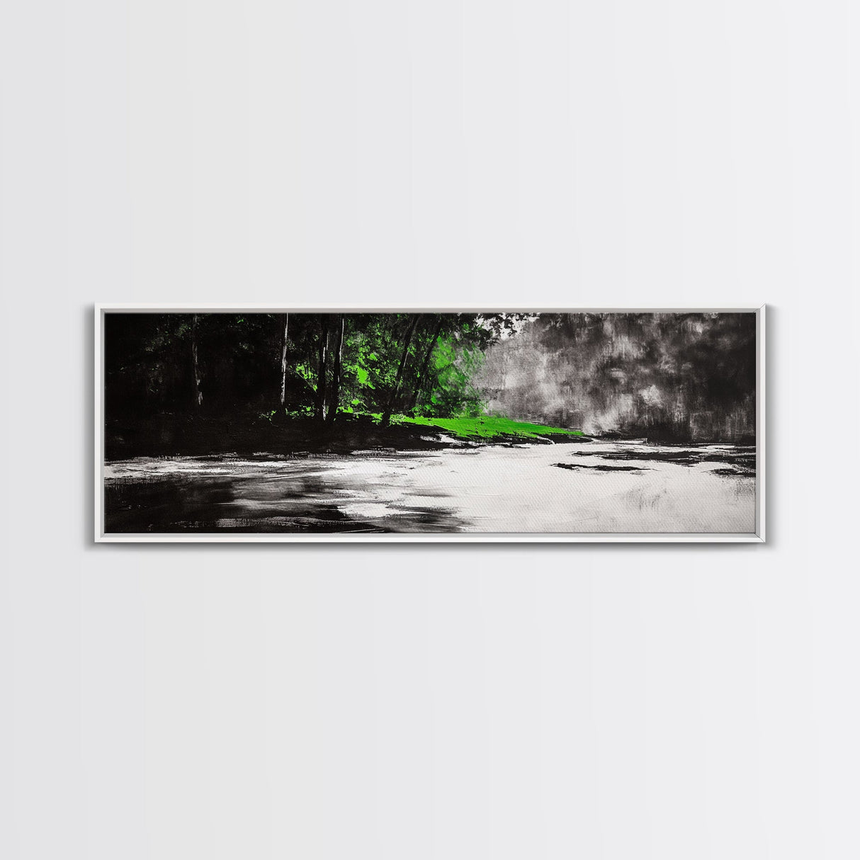 Misty Forest, River Landscape, Green Nature, Framed Canvas Print, Large Wall Art, Nature Wall Decor, Living Room Art, Modern Art