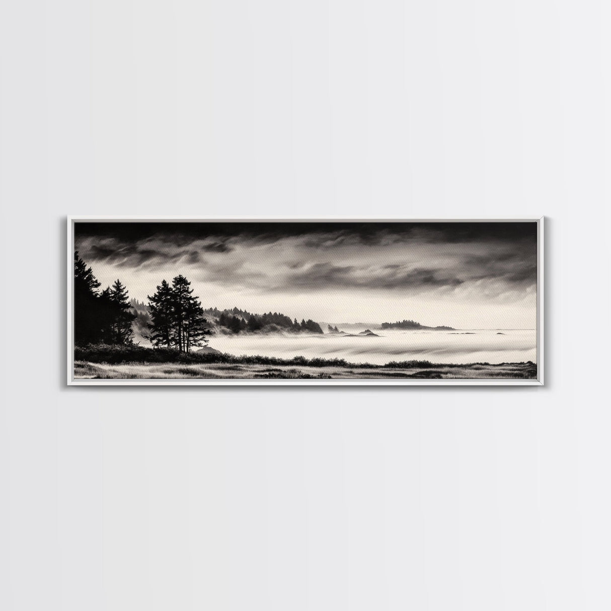 Misty Forest, Black and White Landscape, Minimalist Art, Large Wall Decor, Living Room Wall Art, Framed Canvas Print, Rustic Home Decor