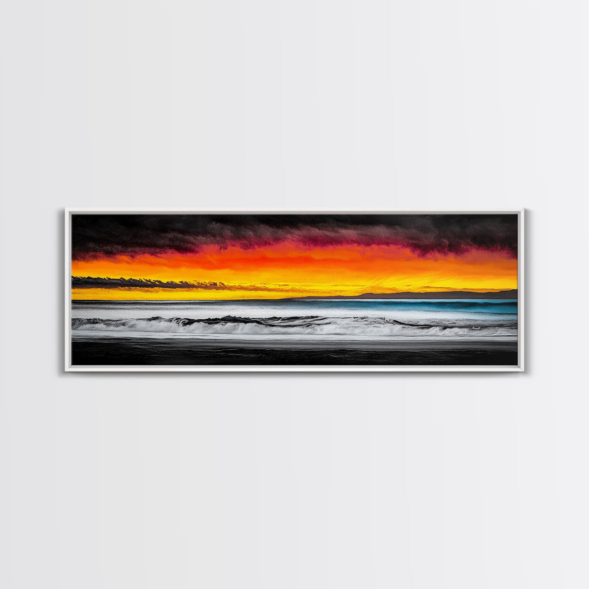 Fiery Sunset, Beach Scene, Ocean Waves, Vibrant Seascape, Framed Canvas Print, Living Room Art, Modern Coastal Wall Art, Beach House Decor
