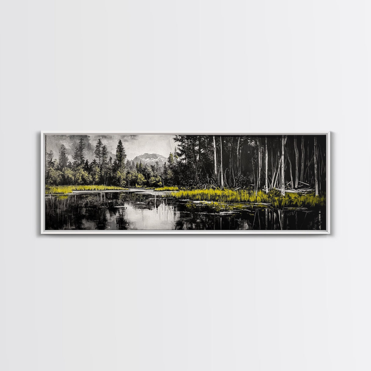 Misty Forest, Mountain Reflections, Black and White Nature Art, Framed Canvas Print, Living Room Decor, Wilderness Wall Art, Scenic Landscape