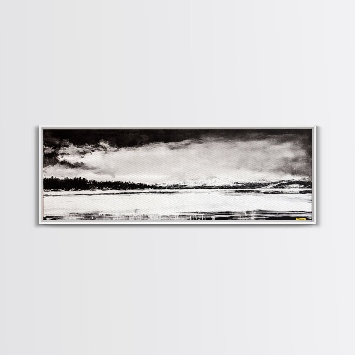 Snowy Lake Scene, Minimalist Landscape, Framed Canvas Print, Winter Wall Art, Serene Home Decor, Modern Office Art, Monochrome Nature Painting