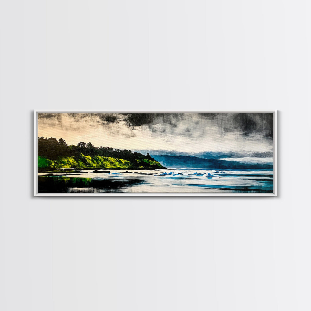 Coastal Wilderness, Green Cliffs and Water, Framed Canvas Print, Modern Nature Art, Living Room Wall Art, Bold Landscape Painting, Serene Decor