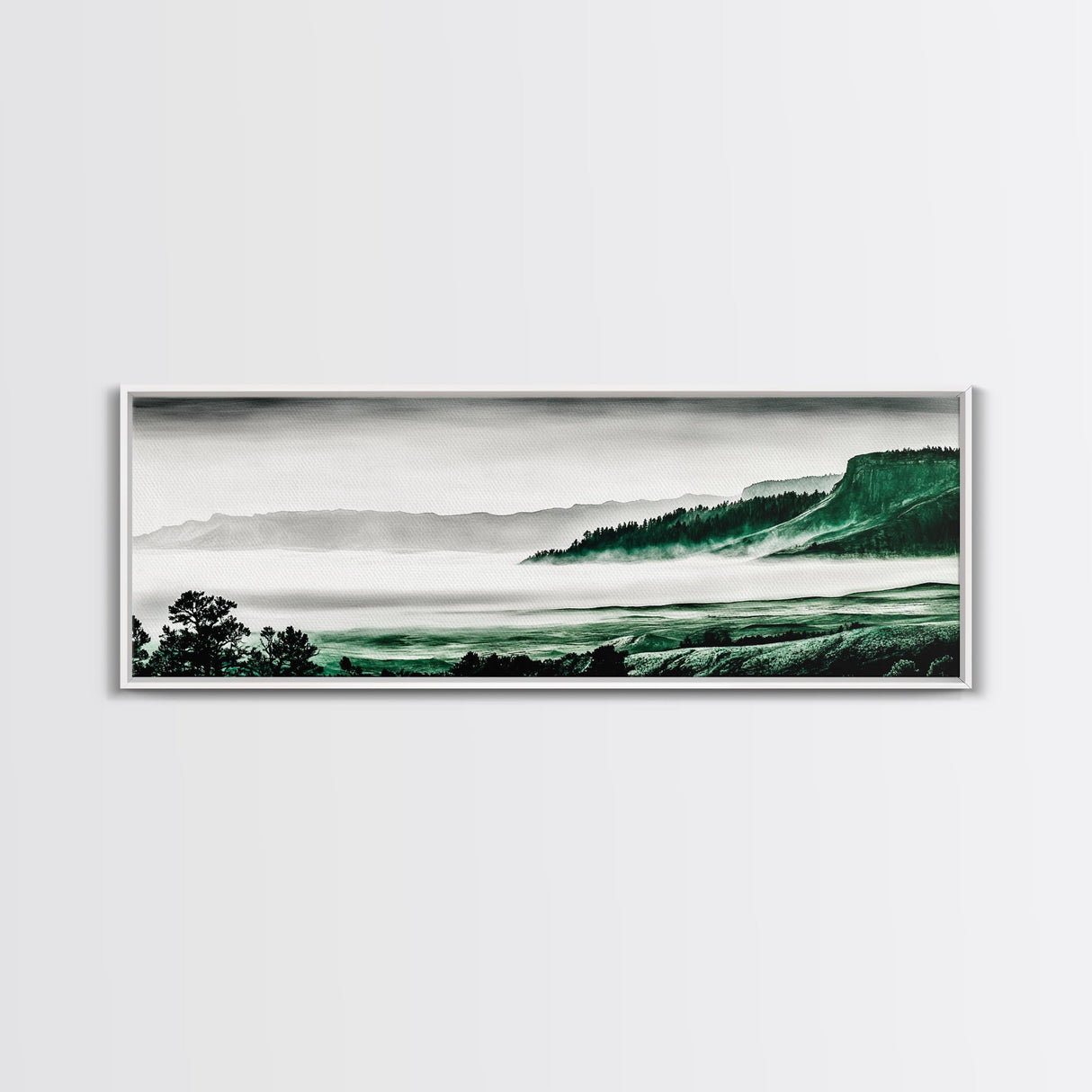 Foggy Mountains, Misty Forest Scene, Serene Nature Art, Minimalist Wall Decor, Framed Canvas Print, Bedroom Wall Art, Green Tones, Tranquil Vibes