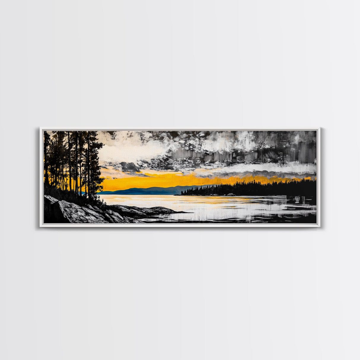 Sunset Reflection, Golden Lake, Nature Art, Framed Canvas Print, Modern Landscape, Large Wall Art, Living Room Decor, Rustic Style