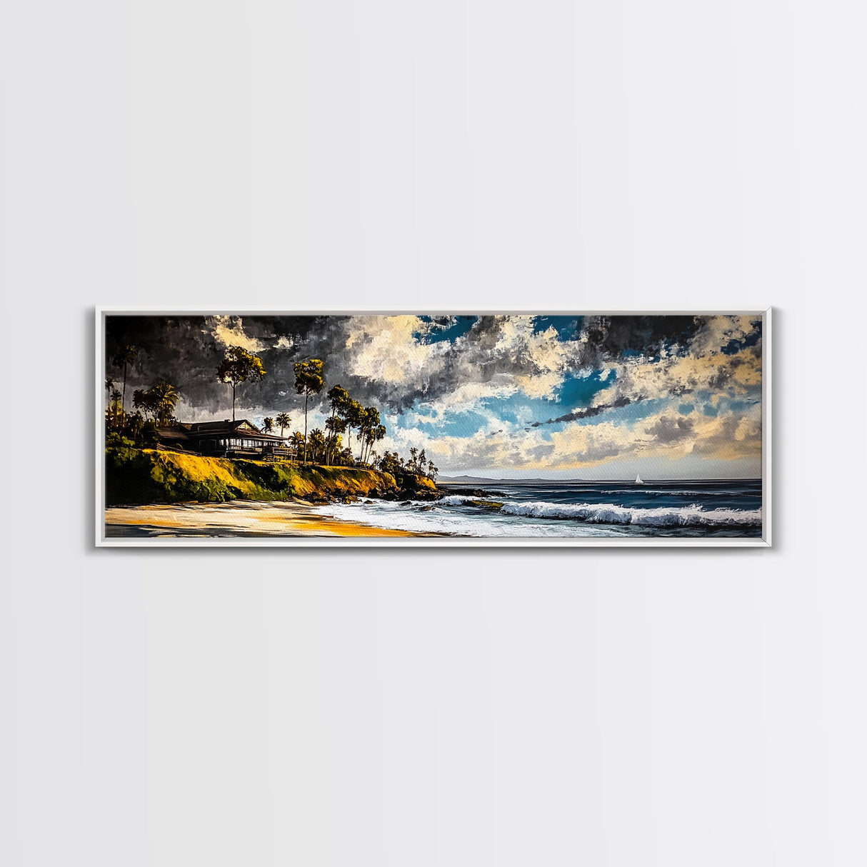 Beach Escape, Cliffside Home, Coastal Scene, Canvas Print, Ocean Landscape, Beach House Art, Nautical Decor, Living Room Artwork