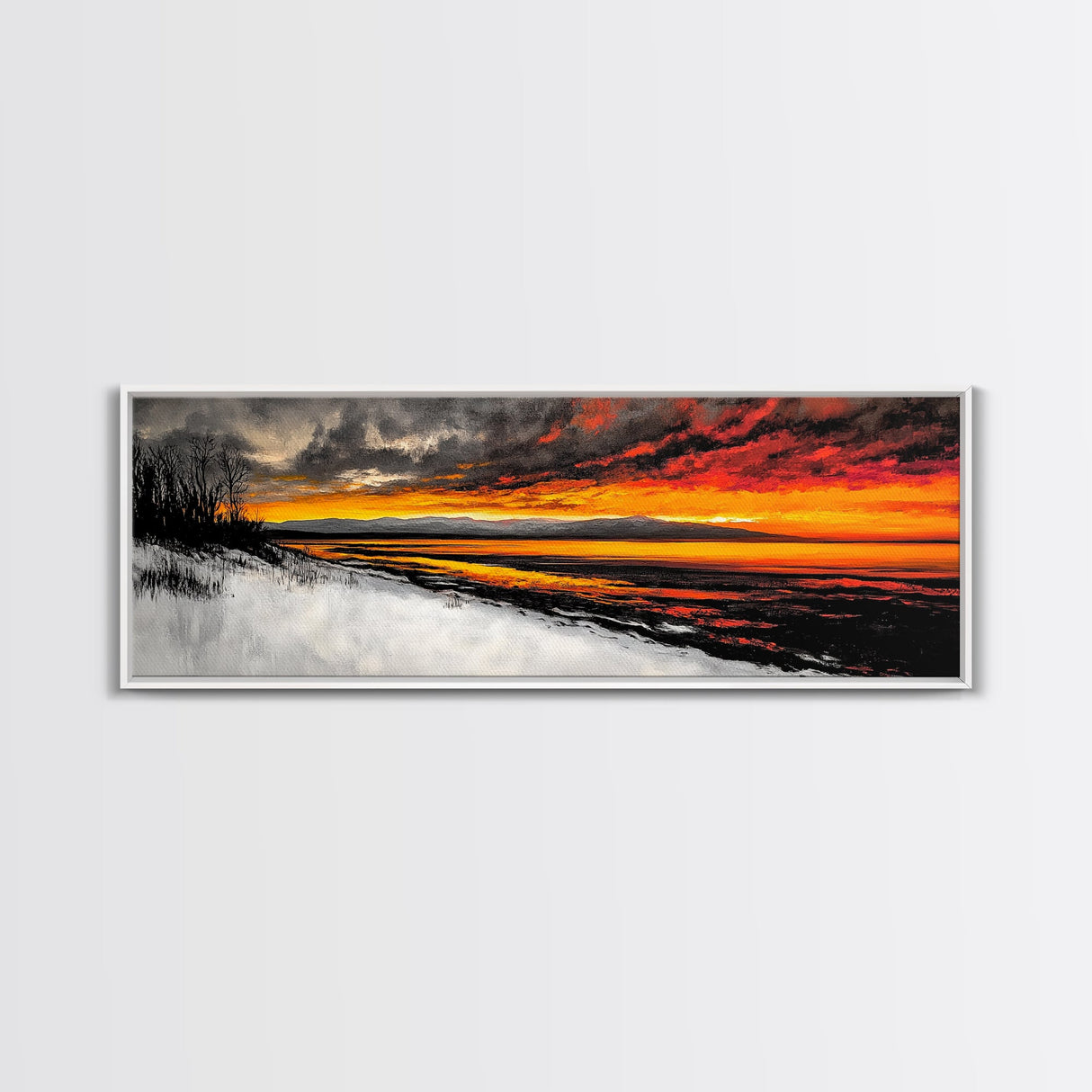 Snowy Shore, Golden Glow, Winter Sunset, Framed Canvas Print, Lake House Art, Dramatic Skies, Rustic Home Decor, Cabin Wall Art
