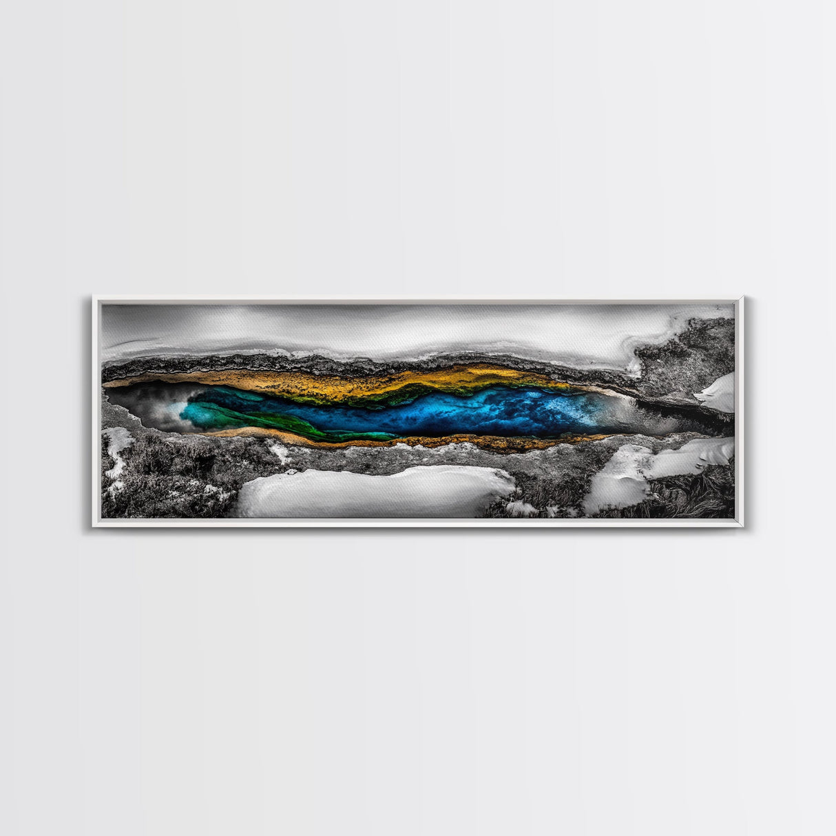 Hot Spring, Geothermal Pool Art, Abstract Nature, Deep Blue and Gold, Black and White Contrast, Unique Wall Decor, Framed Canvas Print