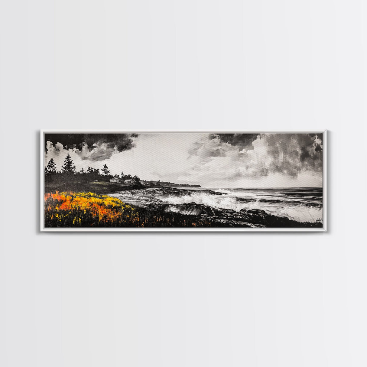 Coastal Storm, Monochrome Seascape, Bold Ocean Art, Framed Canvas Print, Black White Yellow, Living Room Wall Decor, Nautical Artwork