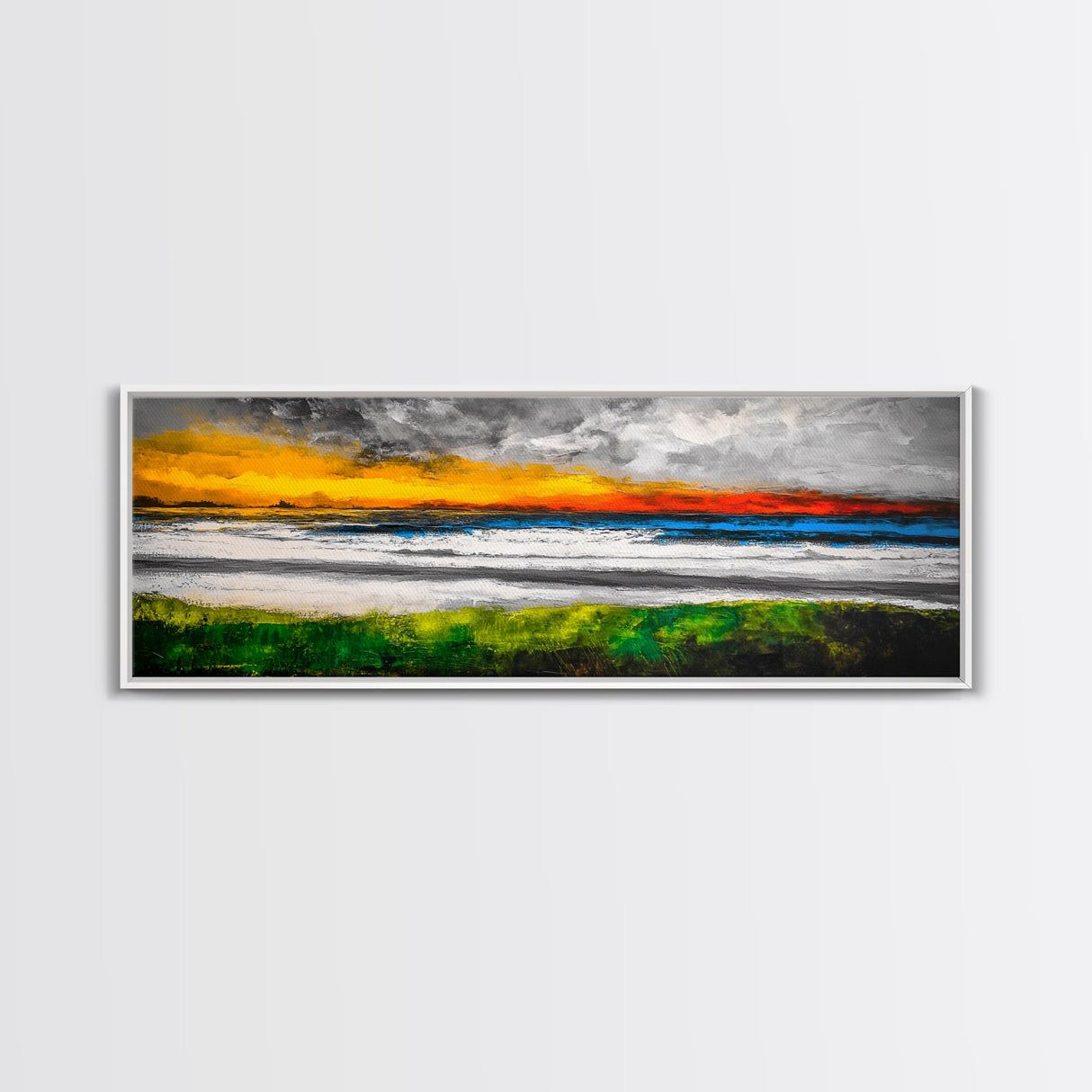 Sunset Beach, Ocean Waves, Abstract Seascape, Framed Canvas Print, Modern Coastal Decor, Living Room Wall Art, Beach House Art