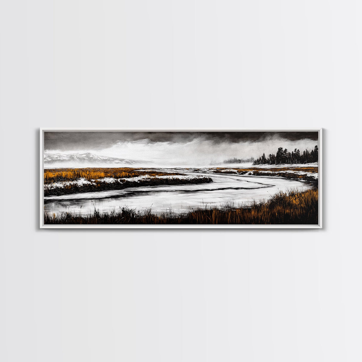 Snowy River Artwork, Mountain Landscape Painting, Rustic Winter Decor, Black and White Wall Art, Nature Print, Living Room Art, Canvas Print