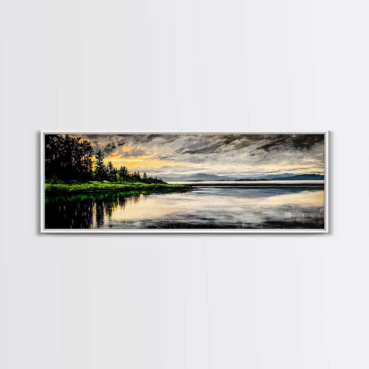 Lake Sunset Art, Landscape Painting, Nature Wall Decor, Tranquil Water Reflection, Rustic Home Art, Living Room Wall Art, Framed Canvas Print