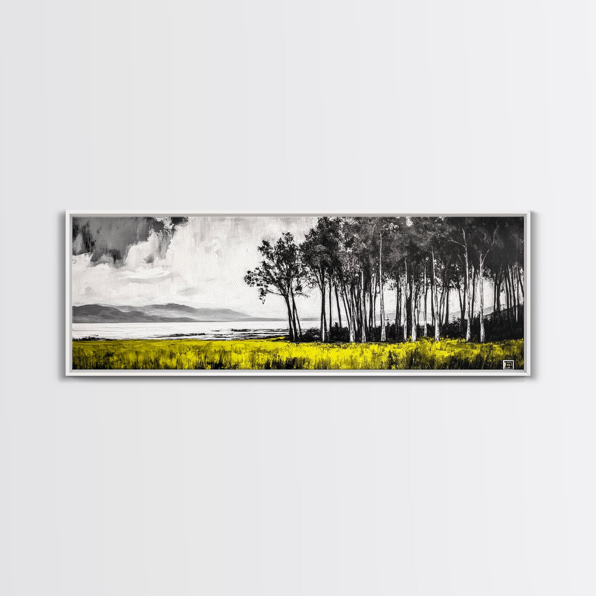 Lakeside Trees, Tranquil Landscape Art, Serene Nature Print, Black White Wall Decor, Peaceful Home Aesthetic, Framed Canvas Print