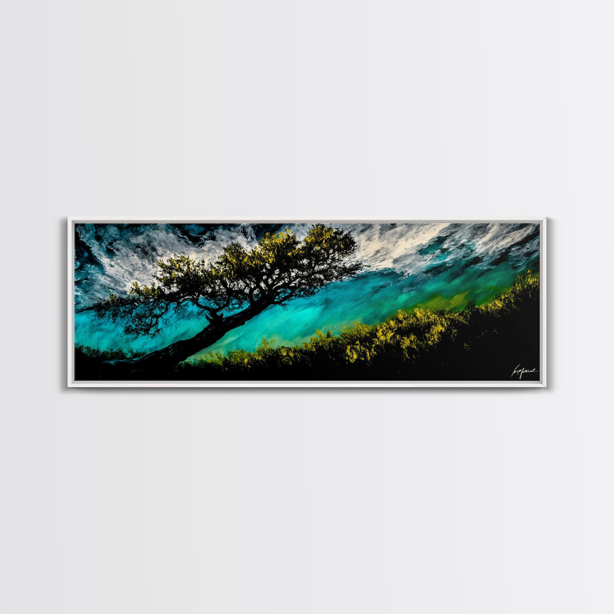 Abstract, Windy Tree, Coastal, Storm, Framed Canvas Print, Moody Wall Art, Large Wall Art, Nature Art, Modern Home Decor, Living Room Wall Art