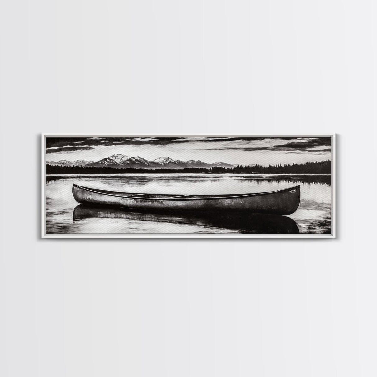 Mountain Reflections, Canoe Art, Wilderness Wall Decor, Canvas Print, Black and White Landscape, Lake House Art, Rustic Cabin Art